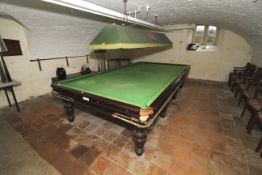 Burrough & Watts Limited full size mahogany eight leg snooker table, 89cm H, 385cm L, 206cm W,