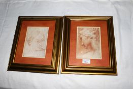 A pair of prints of red crayon after the Old Masters study of a young girl and a young woman,