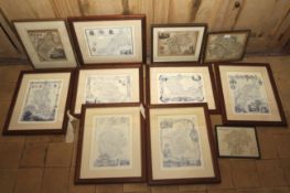 Eleven prints of maps, some hand coloured to include Scotland, various counties, largest 50cm H,