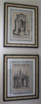 A pair of monochrome engravings, each 44cm x 36cm,