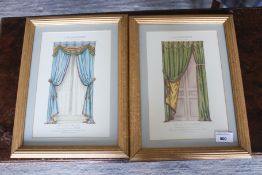 A pair of reprints of French polychrome engravings, curtains, in reeded gilded frames, each 35cm H,