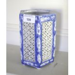 A reticulated Chinese hexagonal blue and white candle burner. With leaf decoration, 17cm H.