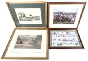 Four sporting related prints and cigarette cards.