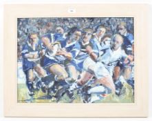 Jenifer Shearn, 20th century, oil on panel painting of a rugby match, Bath v Ospreys.