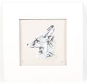 A limited edition print fox head study by Debbie Harris. Number 58/150, 23cm x 23cm, unframed.