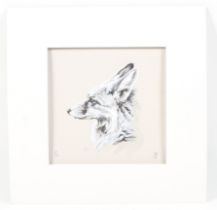 A limited edition print fox head study by Debbie Harris. Number 58/150, 23cm x 23cm, unframed.