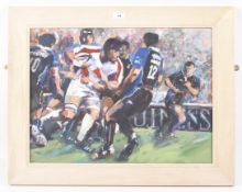 Jenifer Shearn, 20th century, oil on canvas painting of a rugby match,