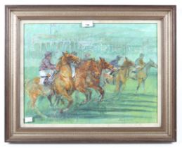 Patricia Frost, pastel on paper, 'Five race horses at the start line'.