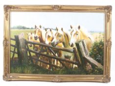 F Boughton, oil on canvas, a group of palomino horses at a gate.