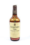 A bottle of Seagrams V.O. Canadian Whisky. Fill level just below shoulder, no qty or vol shown.