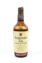 A bottle of Seagrams V.O. Canadian Whisky. Fill level just below shoulder, no qty or vol shown.