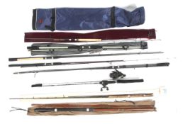 A collection of fishing rods in a rod bag. Featuring Shakespeare, Ron Thompson and WB Blake, etc.