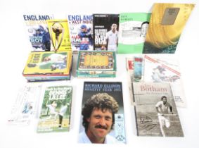 A box of cricket memorabilia. From 1948 onwards, programmes, books (some signed) and tickets. (32).