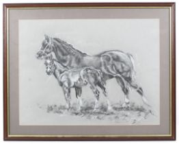 A charcoal and chalk on paper drawing titled 'Rebecca and Foal'.