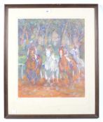 Patricia Frost, pastel on paper, 'Four race horses in full flight'.