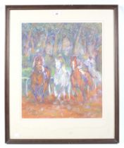 Patricia Frost, pastel on paper, 'Four race horses in full flight'.