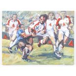 Jenifer Shearn, 20th century, oil on canvas painting of a rugby match, Bath v Bristol.