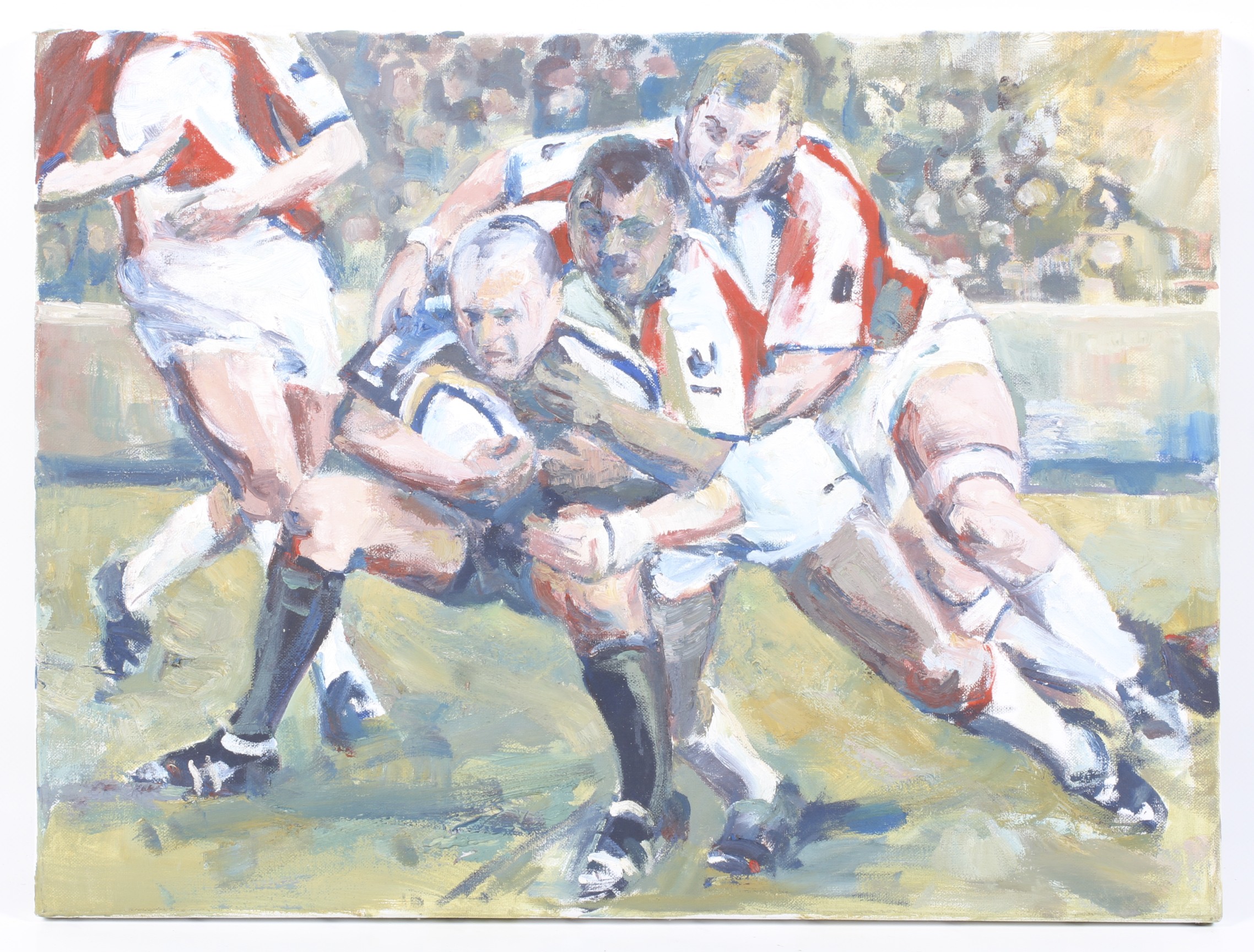 Jenifer Shearn, 20th century, oil on canvas painting of a rugby match,