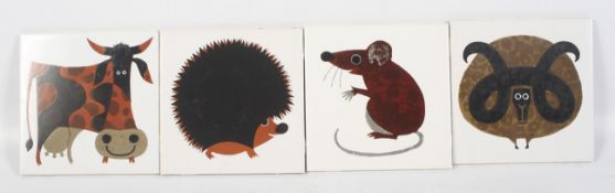 A set of four 1960s Kenneth Townsend dust pressed tiles from the 'Menagerie' series.