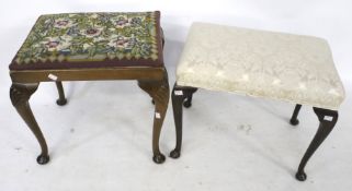 A mahogany cream upholstered stool with cabriole supports and another with embroidered seat.