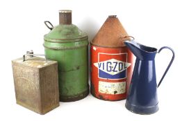 A collection of assorted vintage petroliana. Including an ESSO fuel can and a large enamel jug, etc.