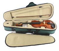 An Antoni student violin, bow and case.