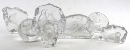 Seven Mats Johnson crystal table ornaments. Featuring various animals, signed to base, Max. H13.