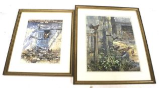 Wendy Jelbert, two watercolour paintings of farmyard chickens. Framed and glazed. Max.