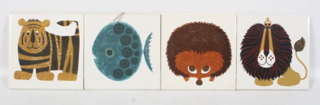 A set of four 1960s Kenneth Townsend dust pressed tiles from the 'Menagerie' series.