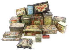 A collection of assorted vintage product advertising tins.