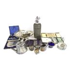 A collection of assorted silver plated items. Including flatware, a teapot, etc. Max.