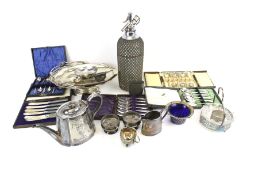 A collection of assorted silver plated items. Including flatware, a teapot, etc. Max.