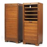 A pair of mid-century vintage oak tambor front multi drawer filing cabinets.