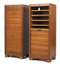 A pair of mid-century vintage oak tambor front multi drawer filing cabinets.