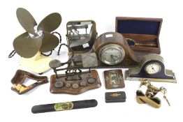 A group of assorted collectables. Including two mantel clocks and a small electric desk fan, etc.