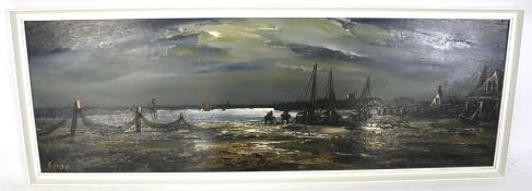 Edward M Elliott, 20th century, oil on board, 'Moored fishing boats on the estuary beach'.