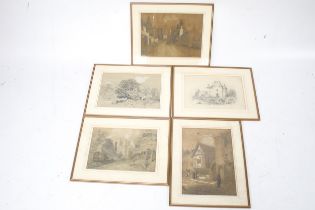 Five 19th century pencil sketches. Depicting castles, gates, cottages and street scenes.