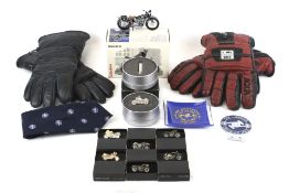 A collection of assorted motorcycle related items. Including BMW, Douglas, gloves and badges, etc.