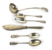 A silver plated fiddle pattern soup ladle and a small collection of plated flatware.