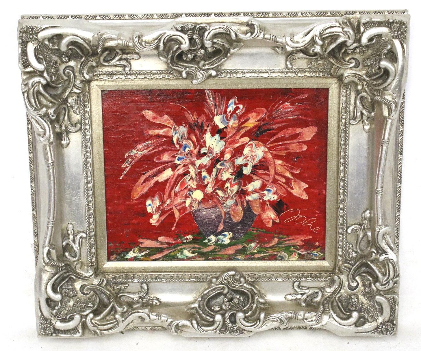 A contemporary oil on canvas of a floral still life. Indistinct signature, 39.