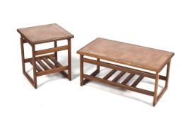 Two mid-century tile top occasional teak tables.