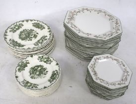 Set of green and white Masons 'Fruit Basket' plates and Johnson brothers plates.