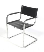 A Marcel Breuer design black leather and chrome Italian cantilever open armchair.