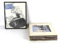 A collection of assorted LP vinyl 33 rpm records and a sketch of Bob Dylan.
