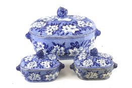 A large Staffordshire blue and white 'Rogers' tureen plus two similar smaller examples. With covers.