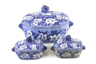 A large Staffordshire blue and white 'Rogers' tureen plus two similar smaller examples. With covers.