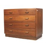 A mid-century teak chest of drawers. Consisting of two short over three long drawers.