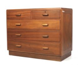 A mid-century teak chest of drawers. Consisting of two short over three long drawers.