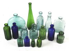 A collection of vintage glass bottles. Including green and blue glass, etc. Max. H19.
