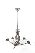 Art Deco five branch chrome and copper ceiling pendant light.